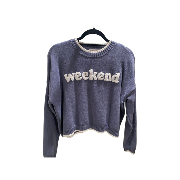 Sincerely Jules Blue Weekend Graphic Cropped Sweater - Size Medium (EUC) - Picture 1 of 5